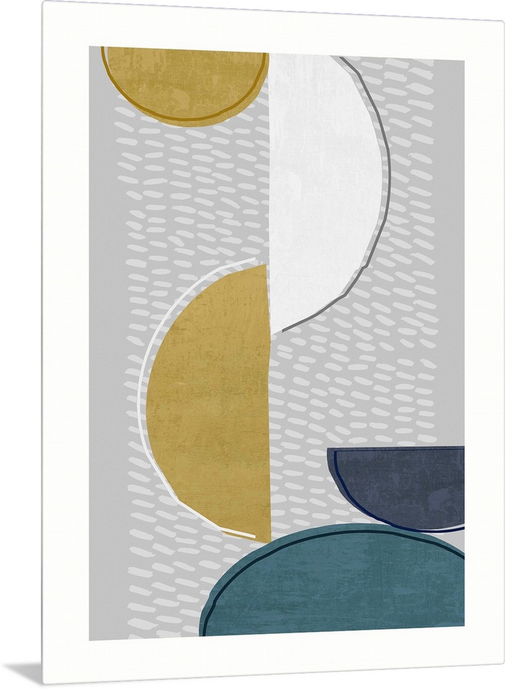 Midcentury style abstract art of semi-circle shapes in blue, gold, and white on grey.