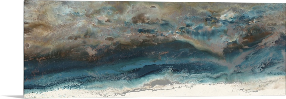 Abstract painting in deep blue and light beige resembling an aerial view of the ocean and shore.