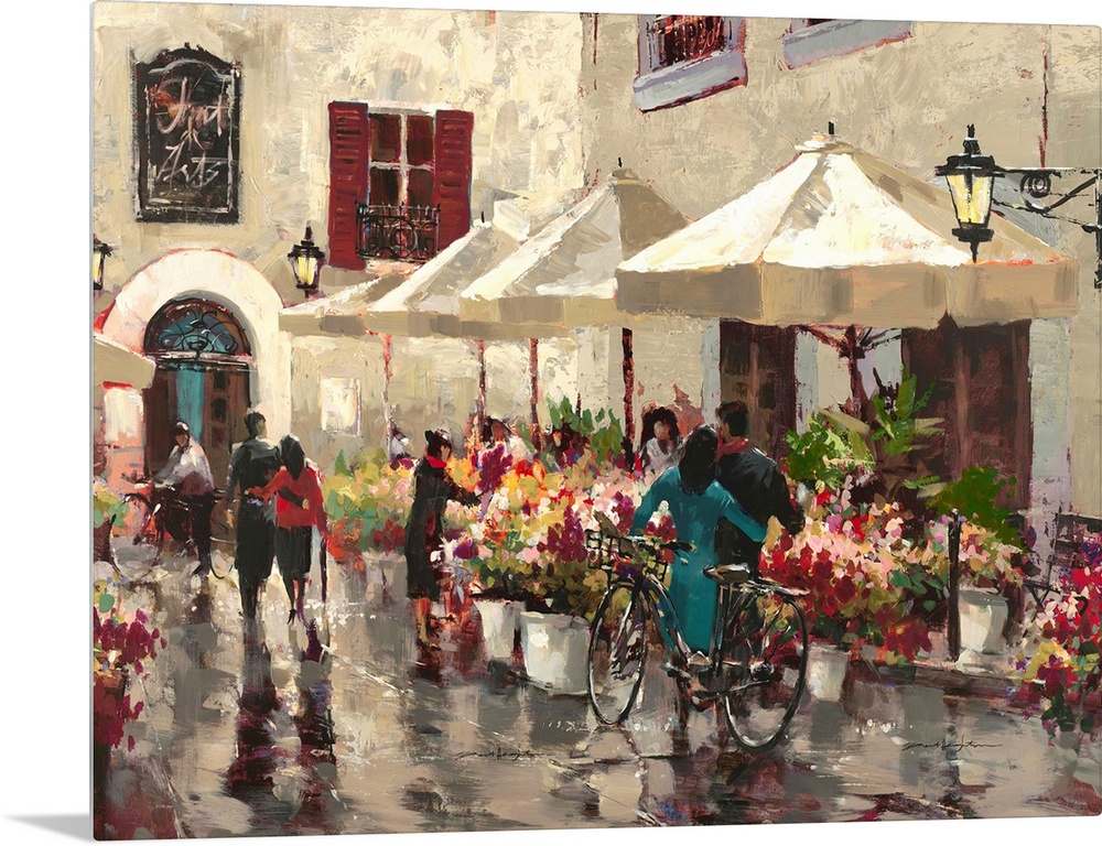 Contemporary painting of people sitting outside at a cafe.