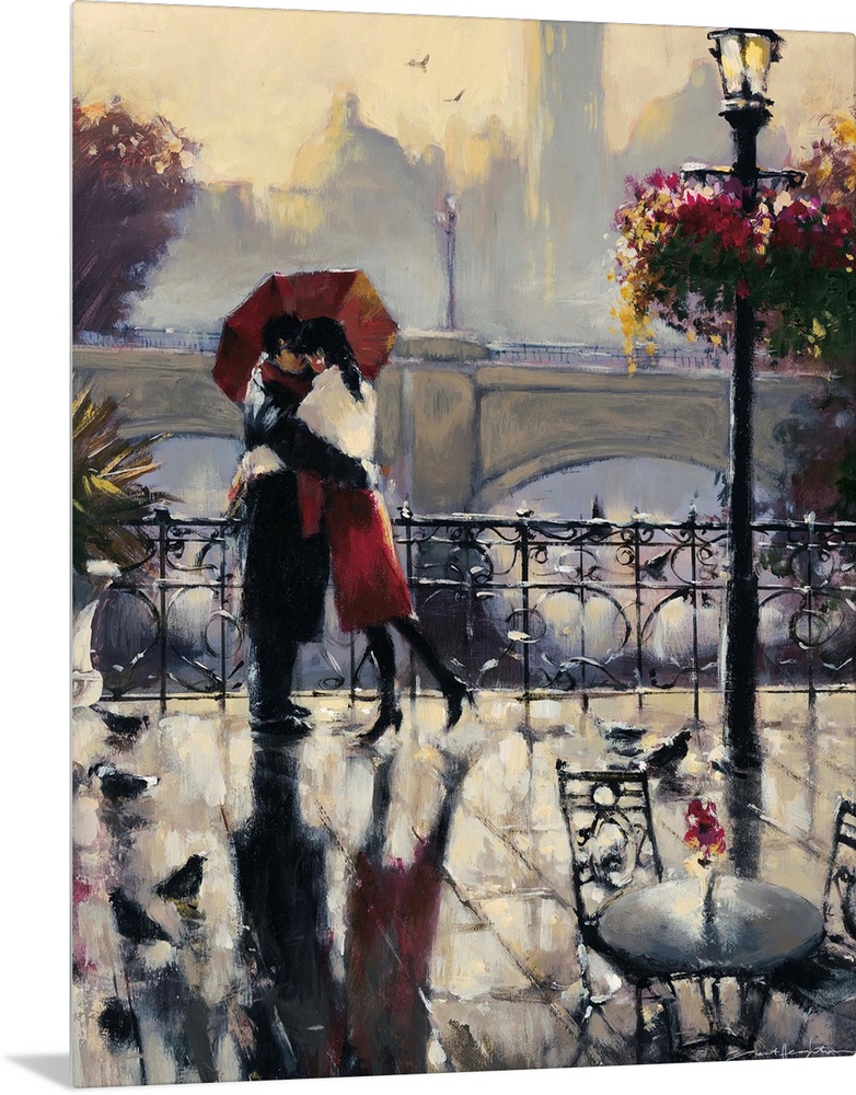 Painting of a couple in a loving embrace standing under an umbrella in the rain.