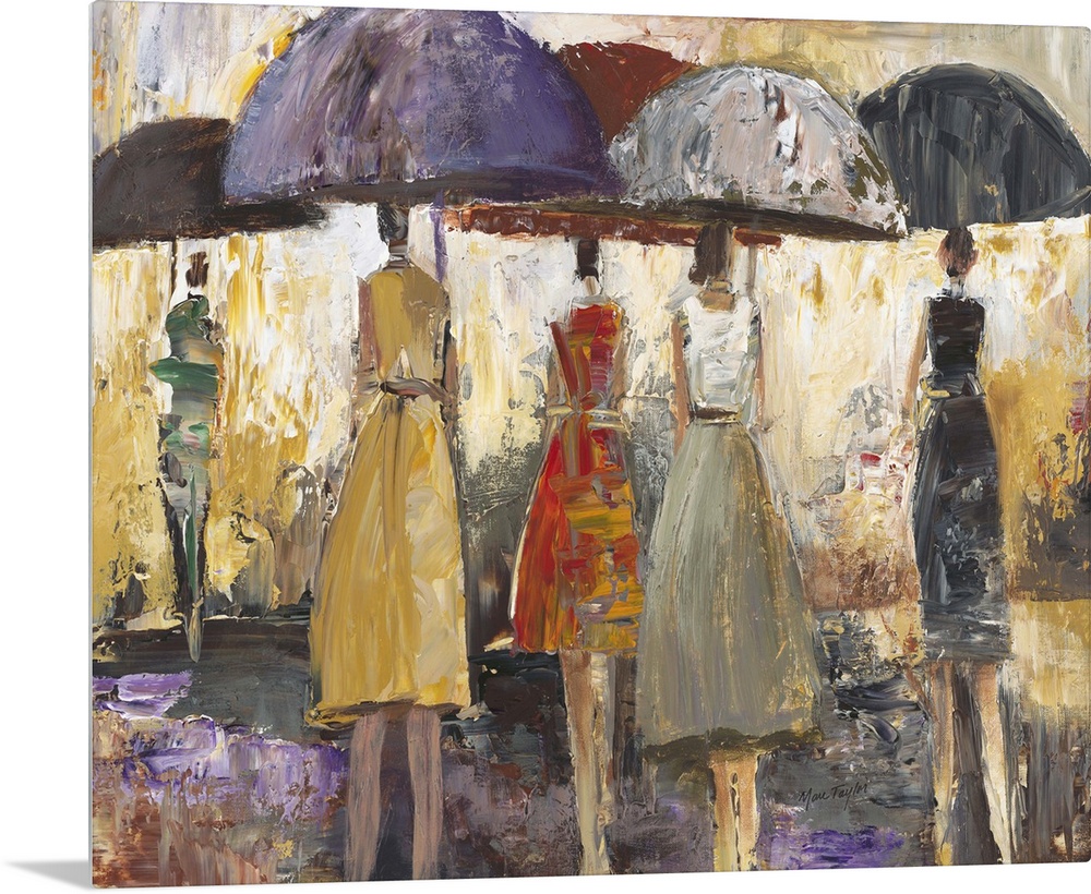 Contemporary painting of people walking with umbrellas through rain.