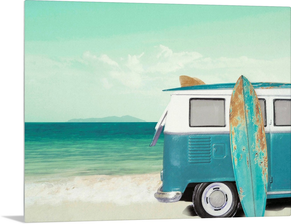 Beach themed decor with an illustration of a white and blue vintage VW van with a surf board leaning up against it on the ...