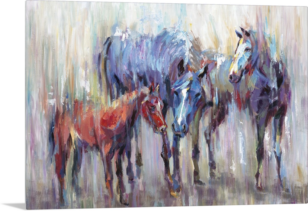 Home decor artwork of two adult multi-colored horses with a small brown one.