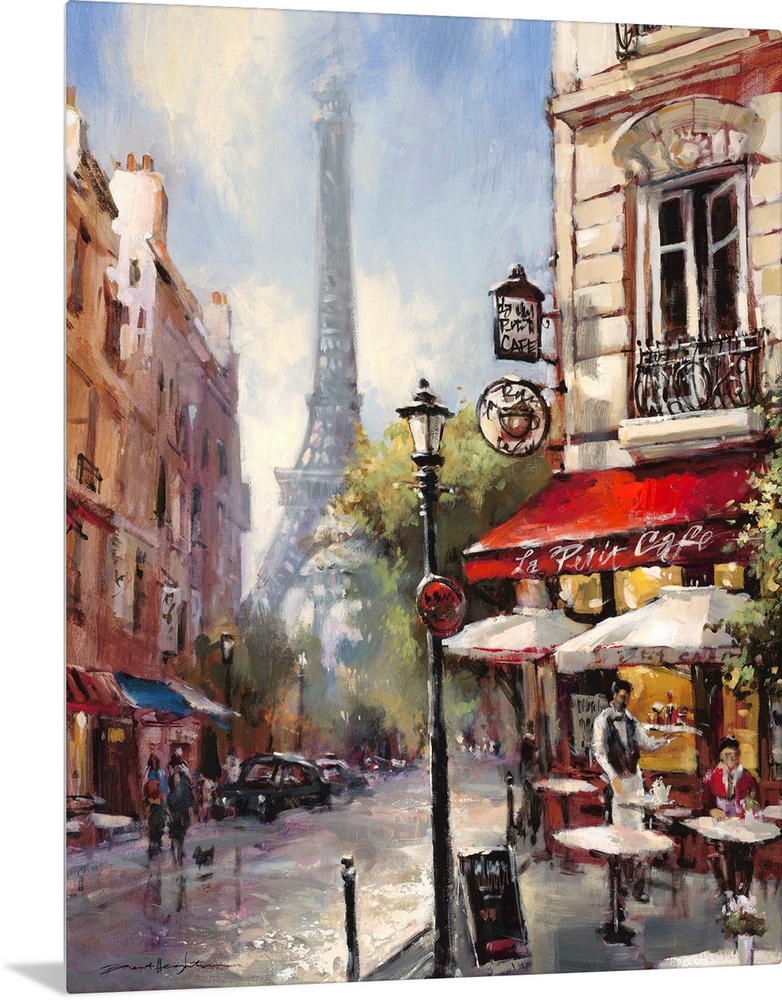 Contemporary painting of a view of the city streets of Paris, with the Eiffel Tower in the background.