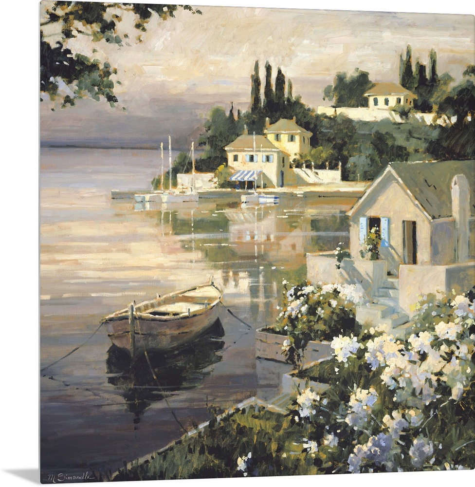 Contemporary painting of a small village harbor, with a white rowboat anchored near the shore.