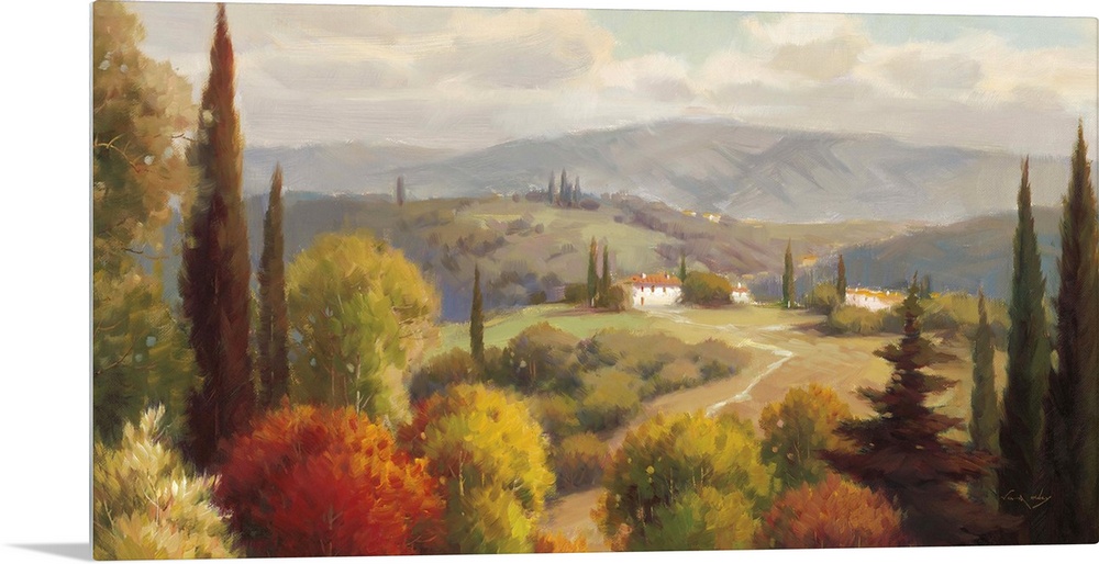 Contemporary painting of a wide view of the Tuscan country side with rolling hills and a villa.