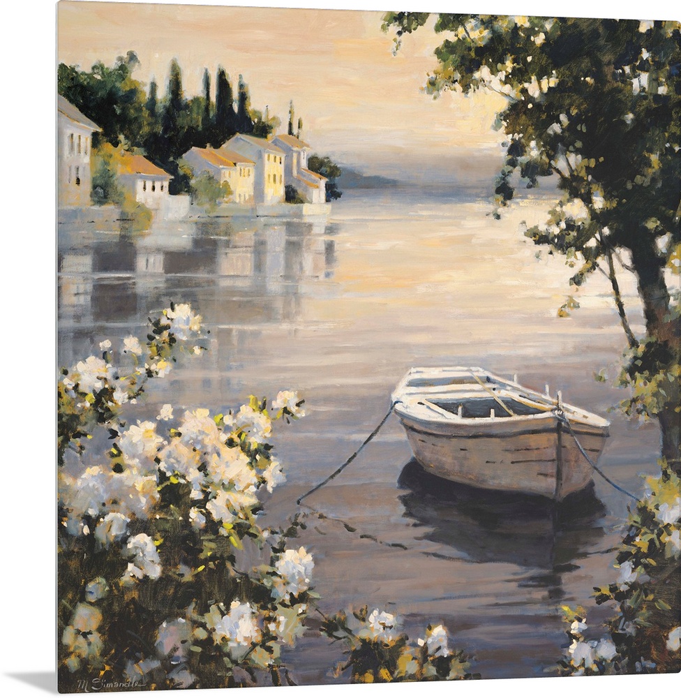 Contemporary painting of a small village harbor, with a white rowboat anchored near the shore.