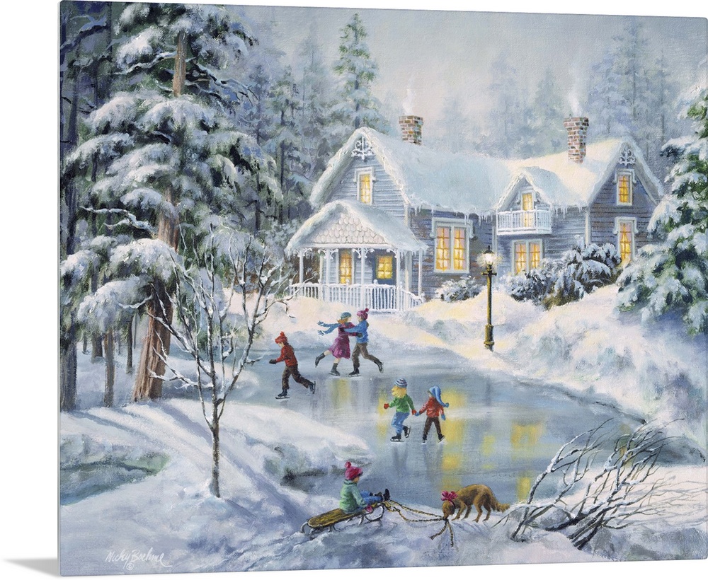 Contemporary artwork of children skating on a frozen pond in front of a house after a snowfall.