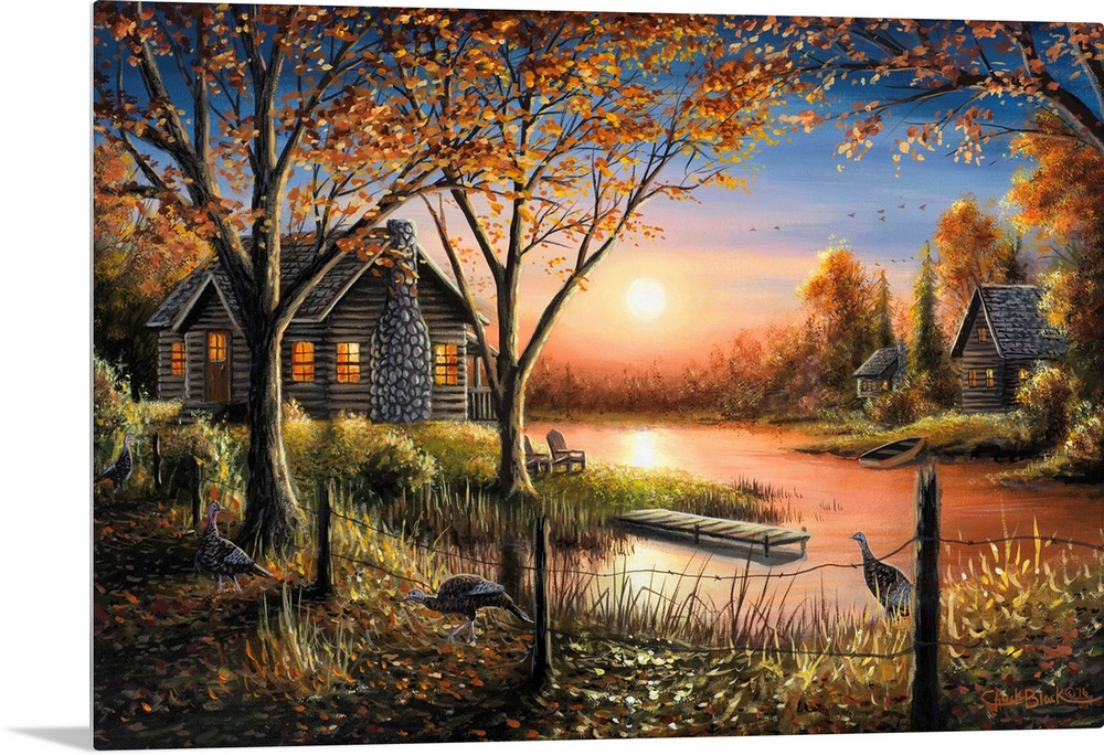 An idyllic painting of a cottage in a serene wilderness setting.