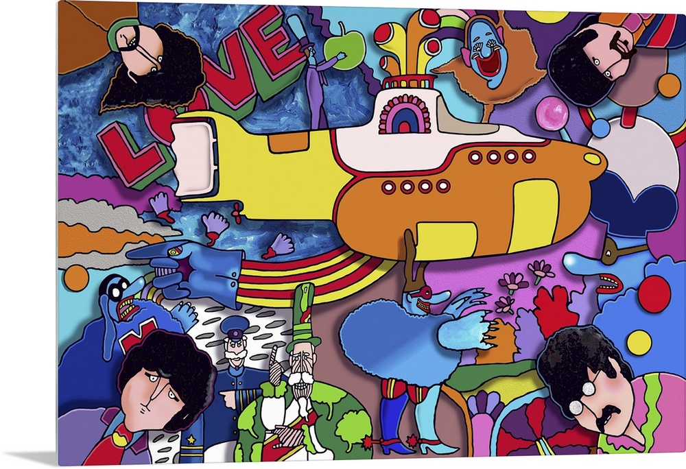 Contemporary artwork of a yellow submarine surrounded by bright colors and musical artists.