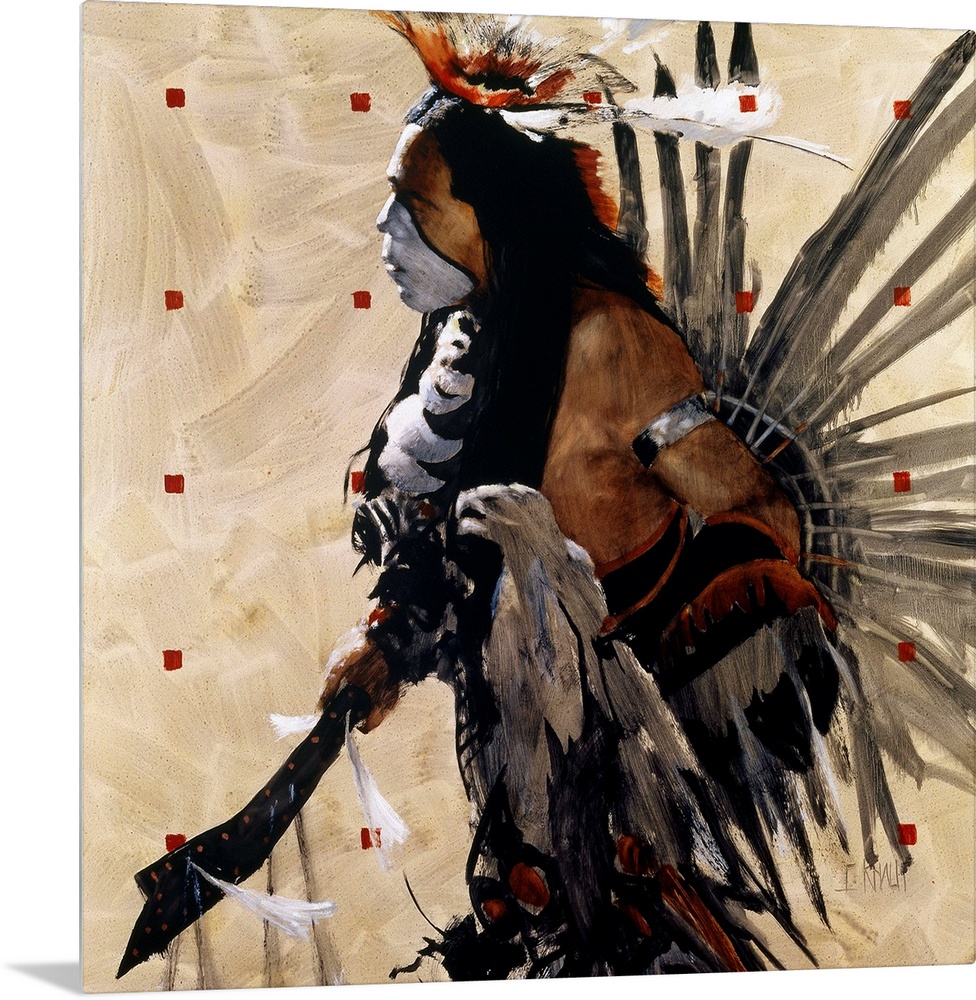 Contemporary western theme painting of a Native American in traditional and ceremonial dress.