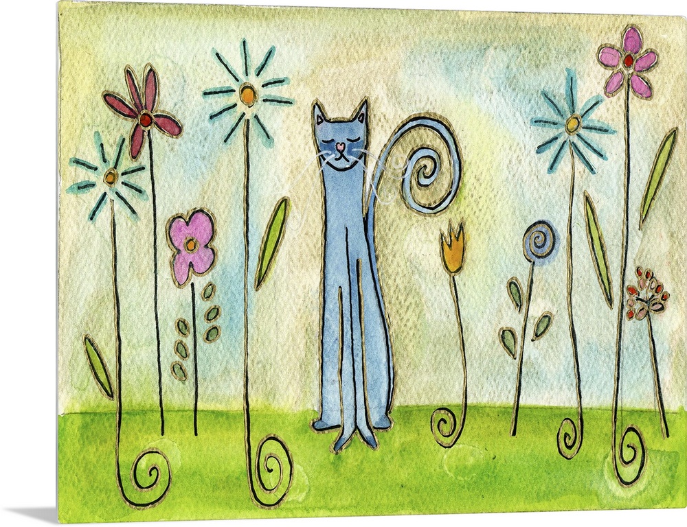 A blue cat sitting among tall flowers in a garden.