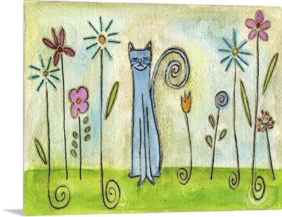 Blue Cat In The Flower Garden