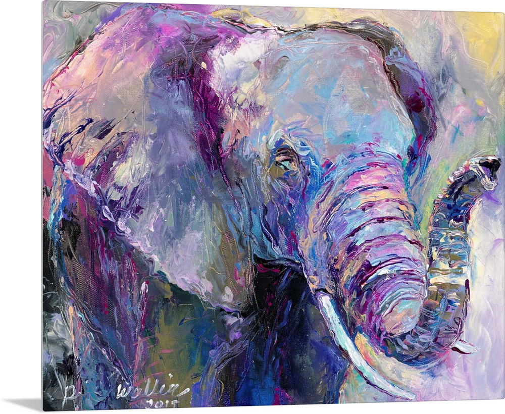 Abstract painting of an elephant with cool tones.