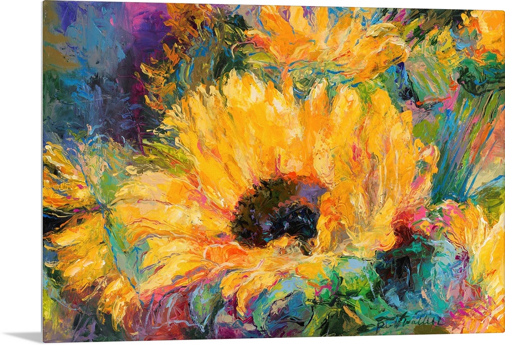 Colorful abstract painting of sunflowers.