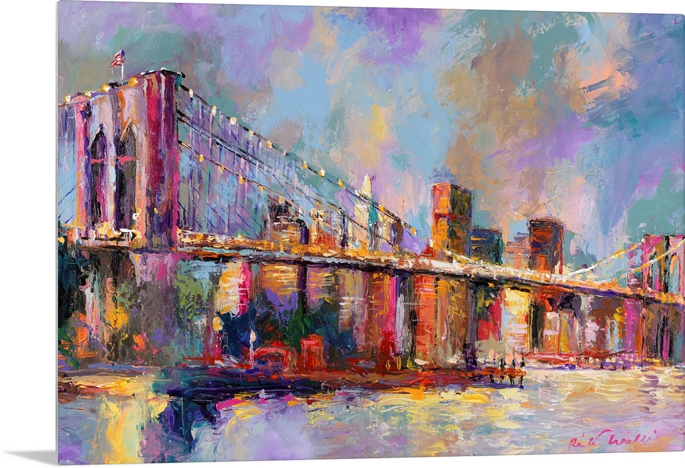 Colorful abstract painting of the Brooklyn Bridge and the NYC skyline in the distance.