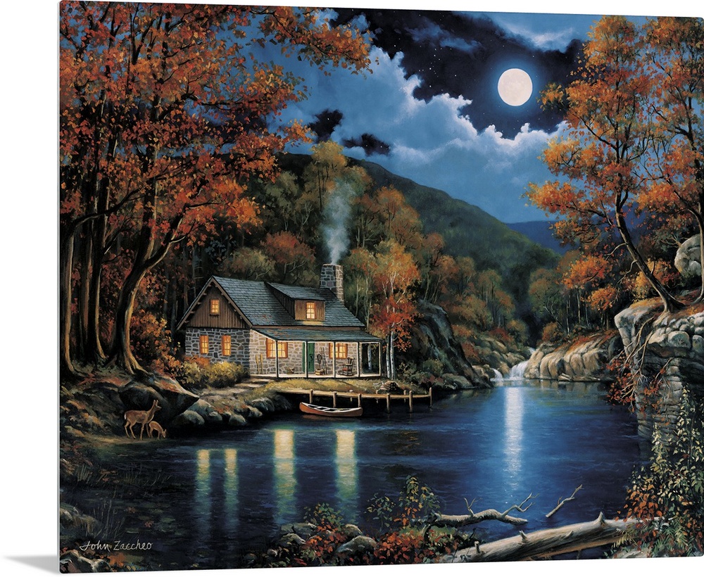 A cabin on the lake with a canoe resting at the dock and two deer at the edge of the water.