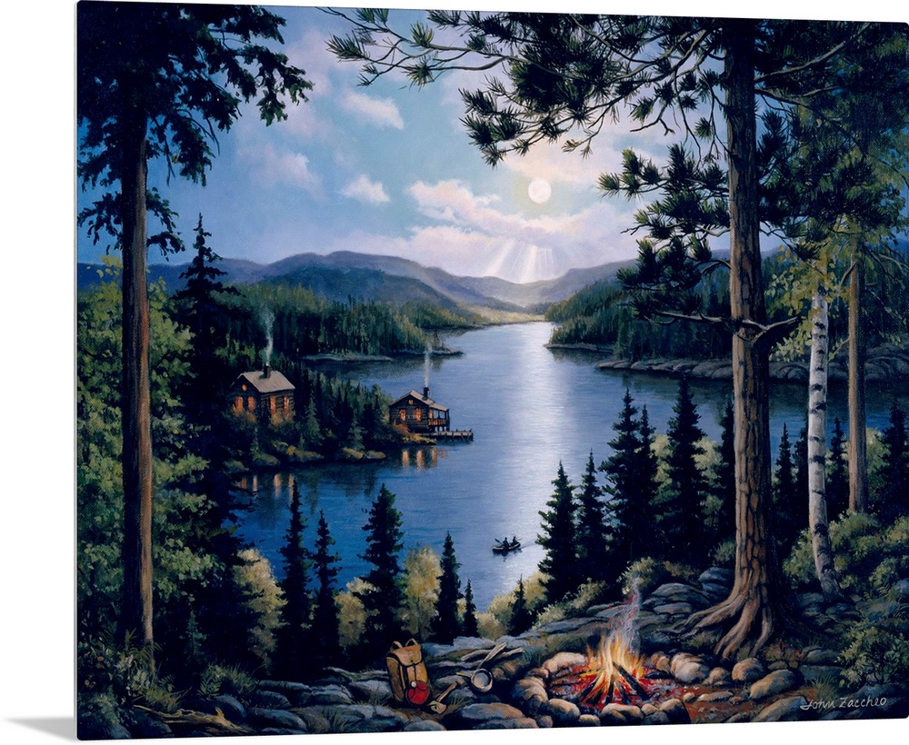 Fire burning in a clearing in the forest with camping gear around it.