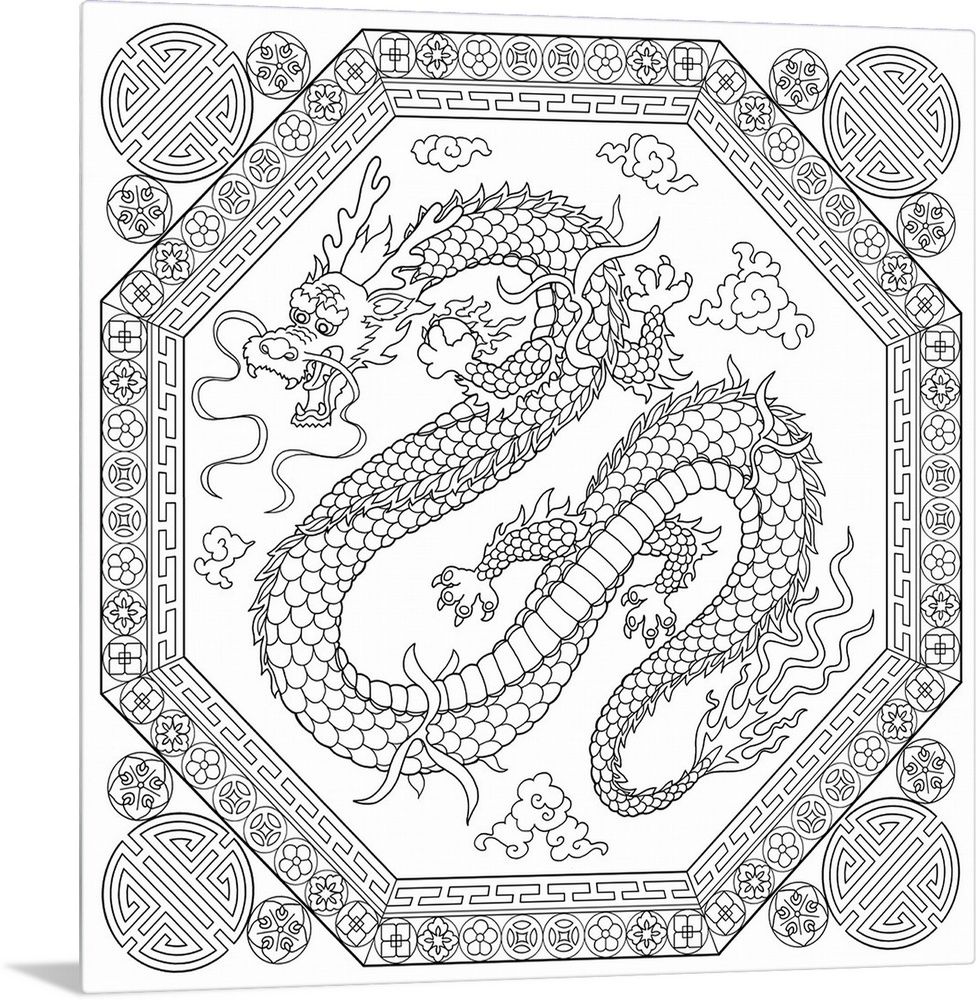Black and white line art of a uniquely designed octagon with a Chinese dragon inside.