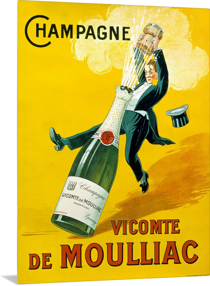 Big vintage art displays an advertisement for a white sparkling wine that is associated with celebration and regarded as a...