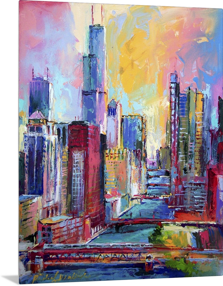 Contemporary colorful painting of an urban skyline.