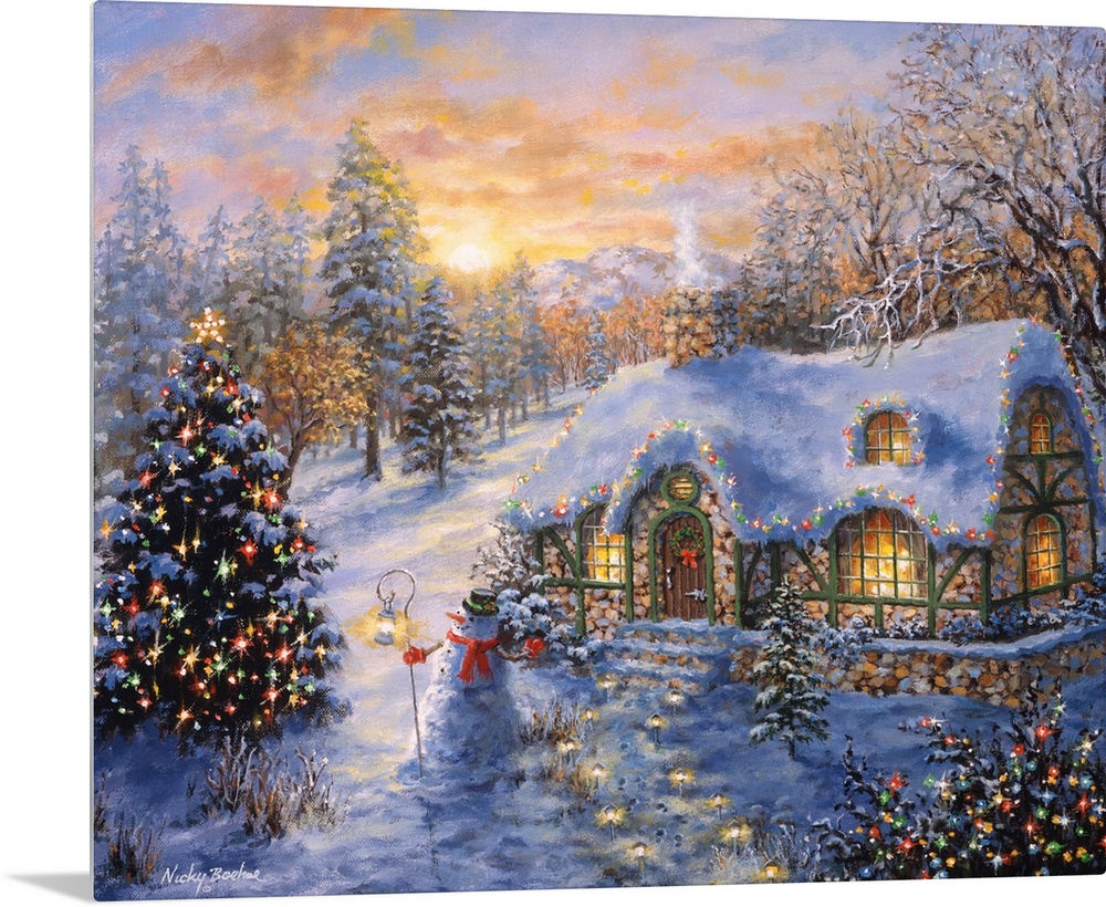 Painting of village scene featuring a large Christmas tree. Product is a painting reproduction only, and does not contain ...