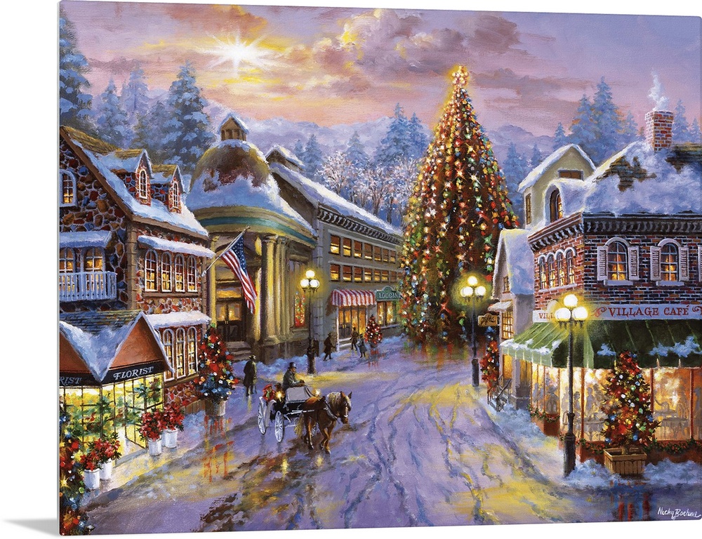 Painting of village scene featuring a large Christmas tree. Product is a painting reproduction only, and does not contain ...