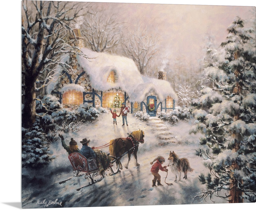 Painting of a snow-covered cottage with a horse-drawn sleigh outside. Product is a painting reproduction only, and does no...