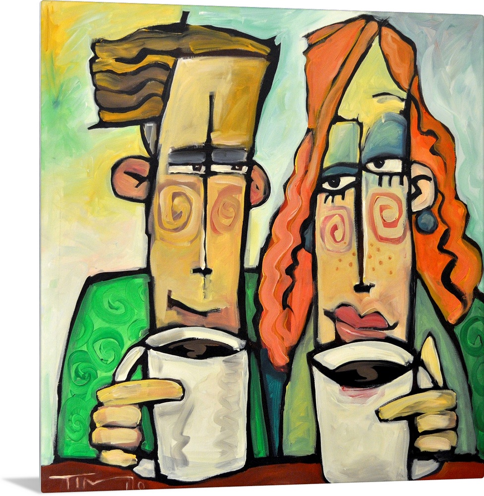 Square painting of two cartoon like figures enjoying mugs of coffee.