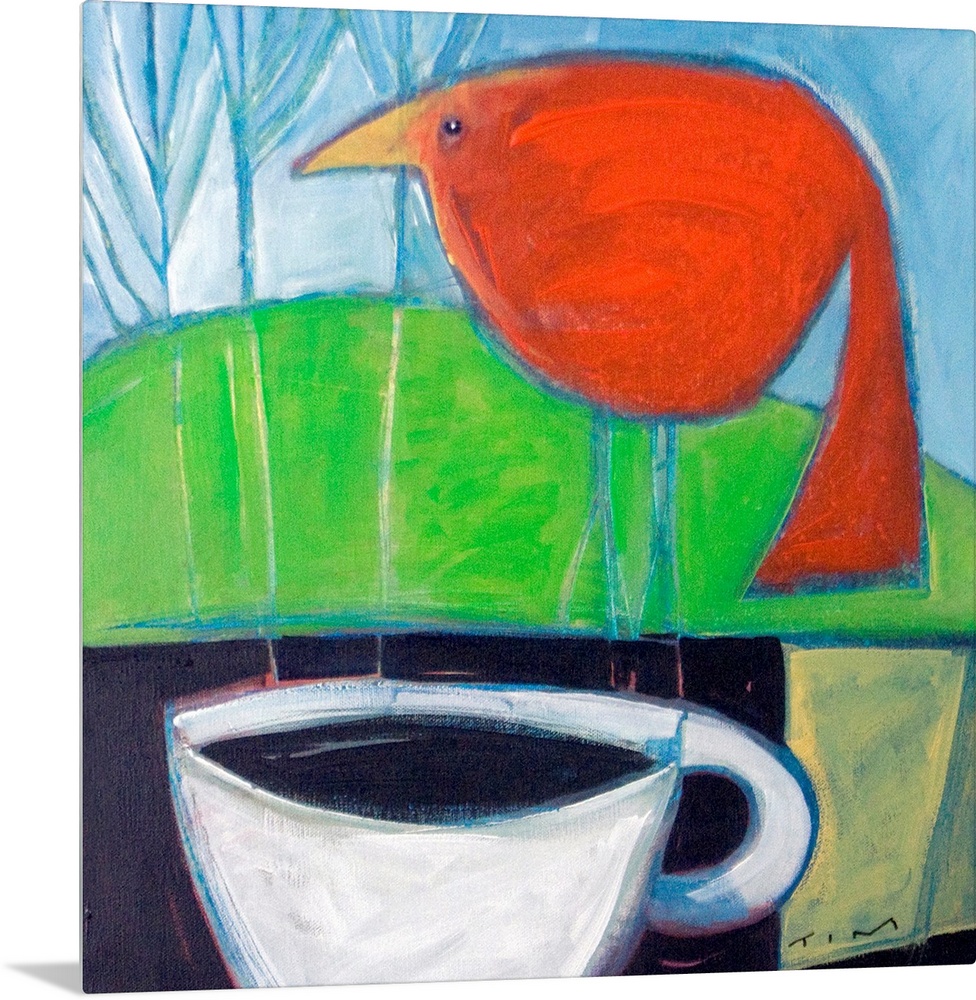 Square artwork on large canvas of a big red bird perching on a ledge in front of a hillside.  A large cup of coffee sits o...