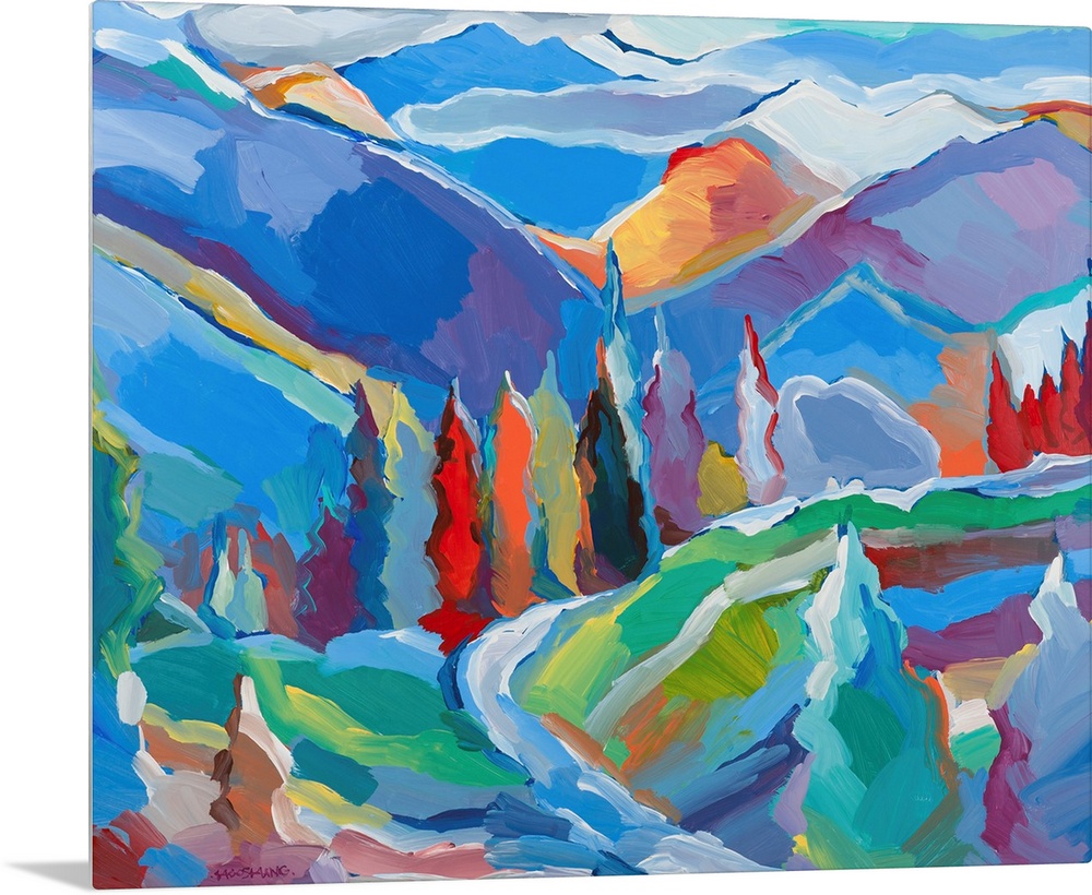 Colorful abstract landscape with trees and mountains.