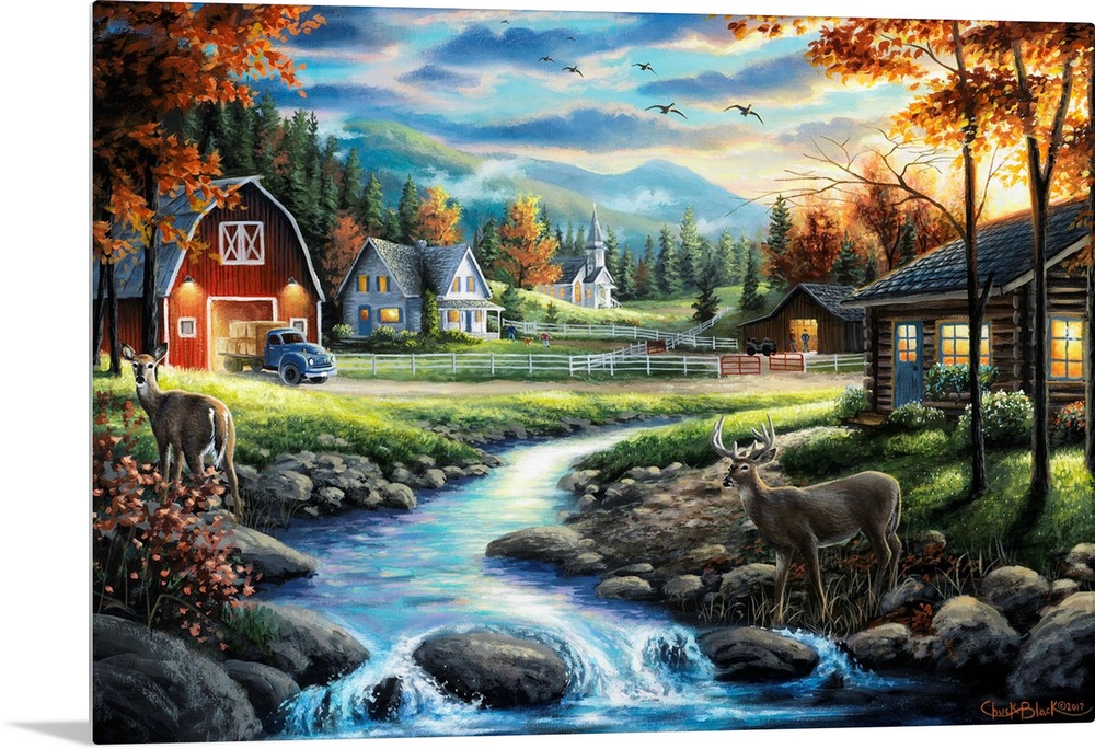 Contemporary painting of a countryside with two deer crossing a creek.