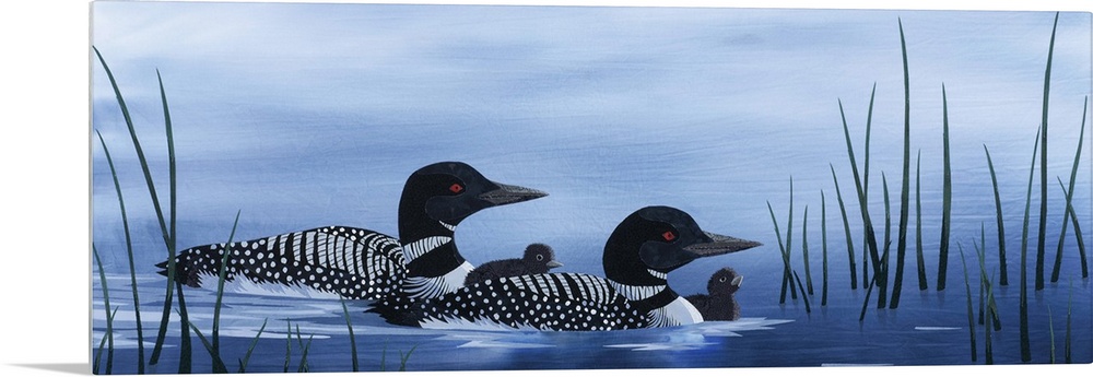 Painting of a loon family floating along in the water.