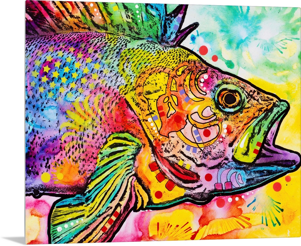 Vibrant painting of a fish with abstract designs and its mouth wide open.