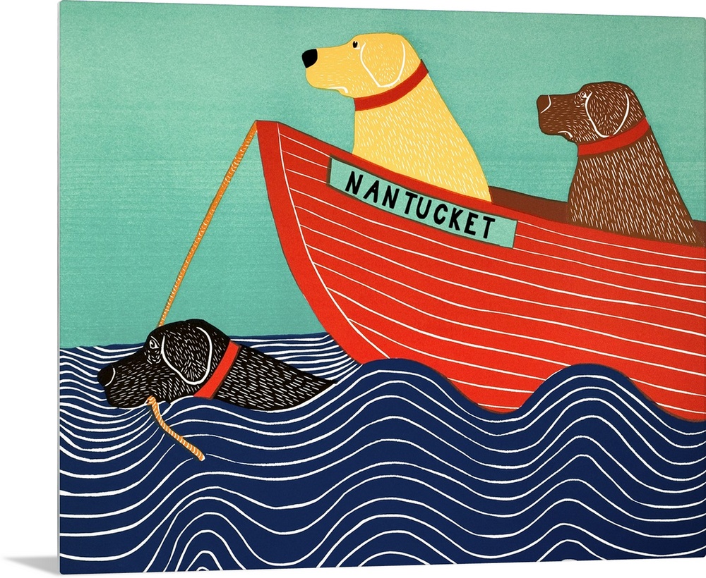 Illustration of a black lab in the ocean pulling a yellow and chocolate lab in a red boat titled "Nantucket"