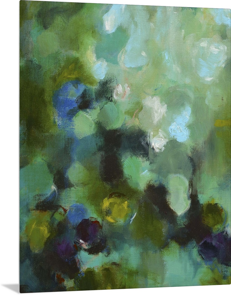 Aqua toned abstract painting, reminiscent of a pond or garden.