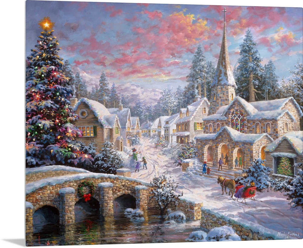 Painting of village scene featuring a large Christmas tree. Product is a painting reproduction only, and does not contain ...