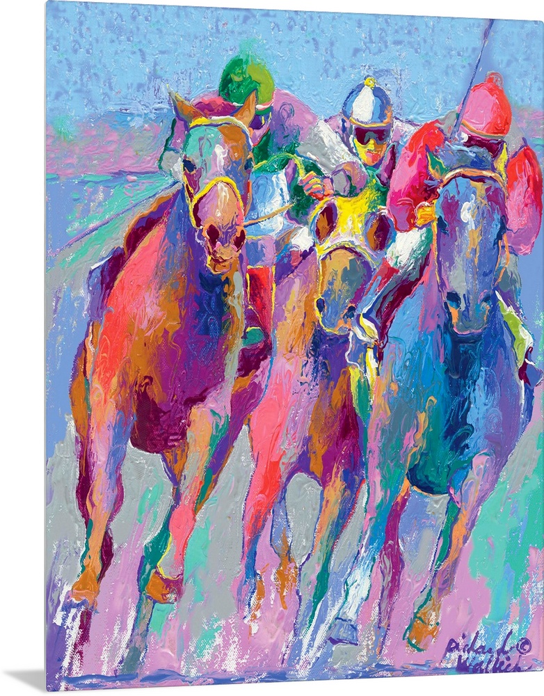 Colorful painting of jockeys racing horses.