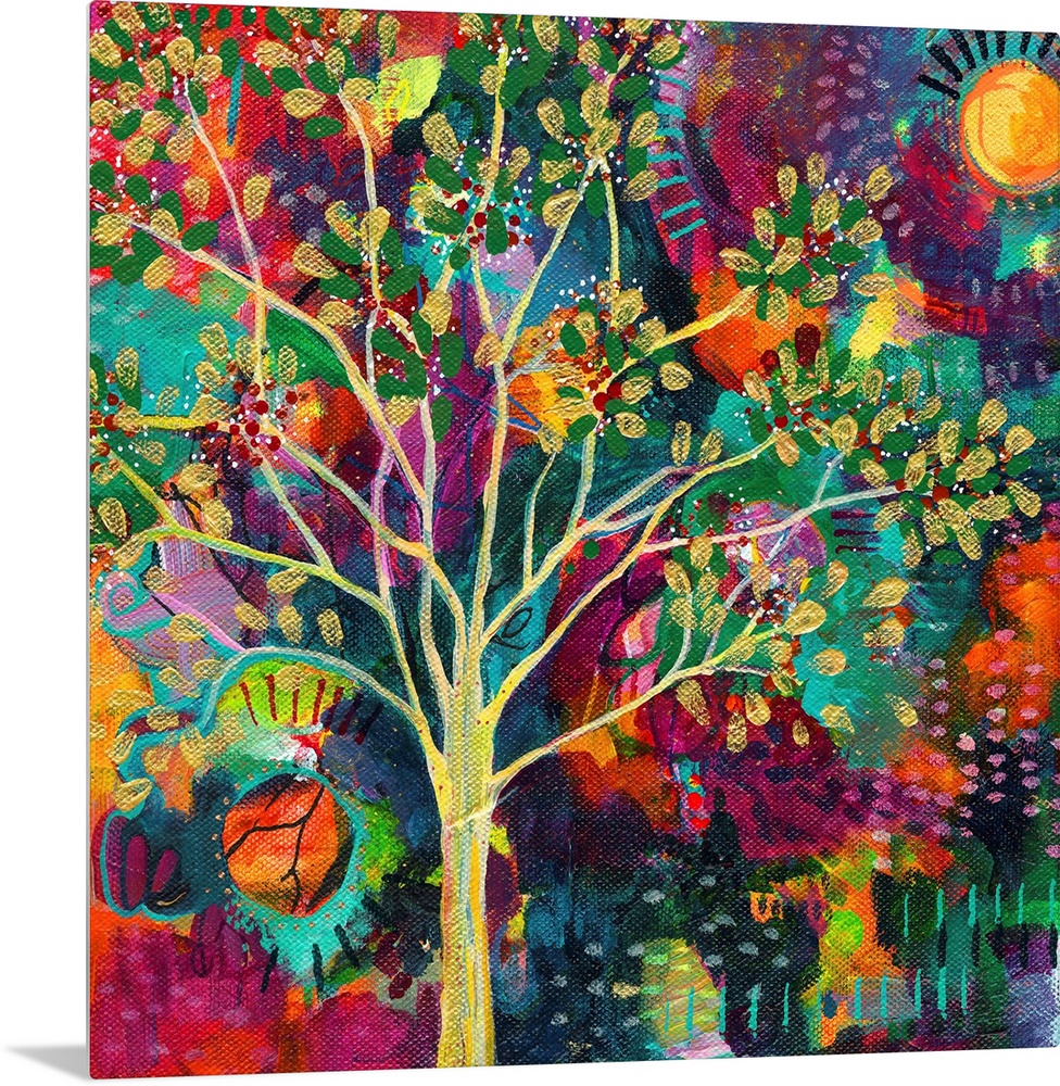Abstract painting of a golden tree on a busy, colorful, square background with a sun on each side.