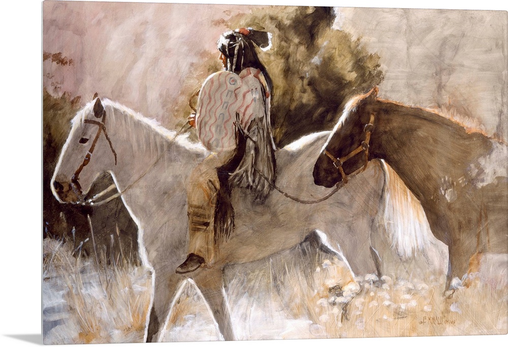 Contemporary western theme painting of a native American man on horseback.