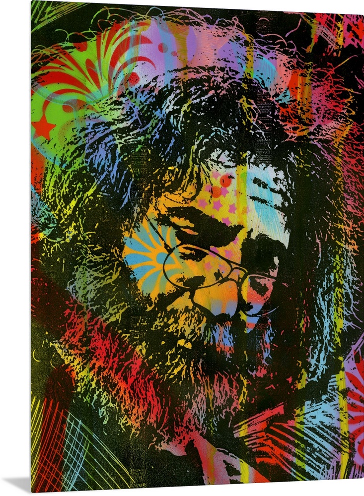 Busy illustration of Jerry Garcia with a colorful graffiti style overlay.