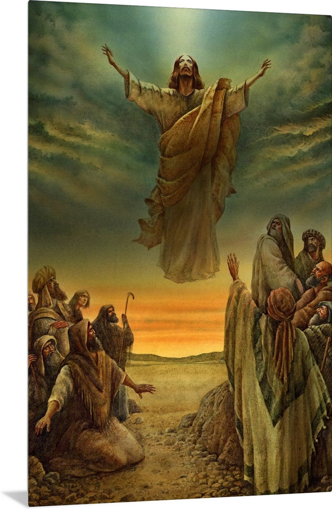 This vertical wall hanging is a painting of Traditional Wall art depicting Jesus floating over a group of figures with his...