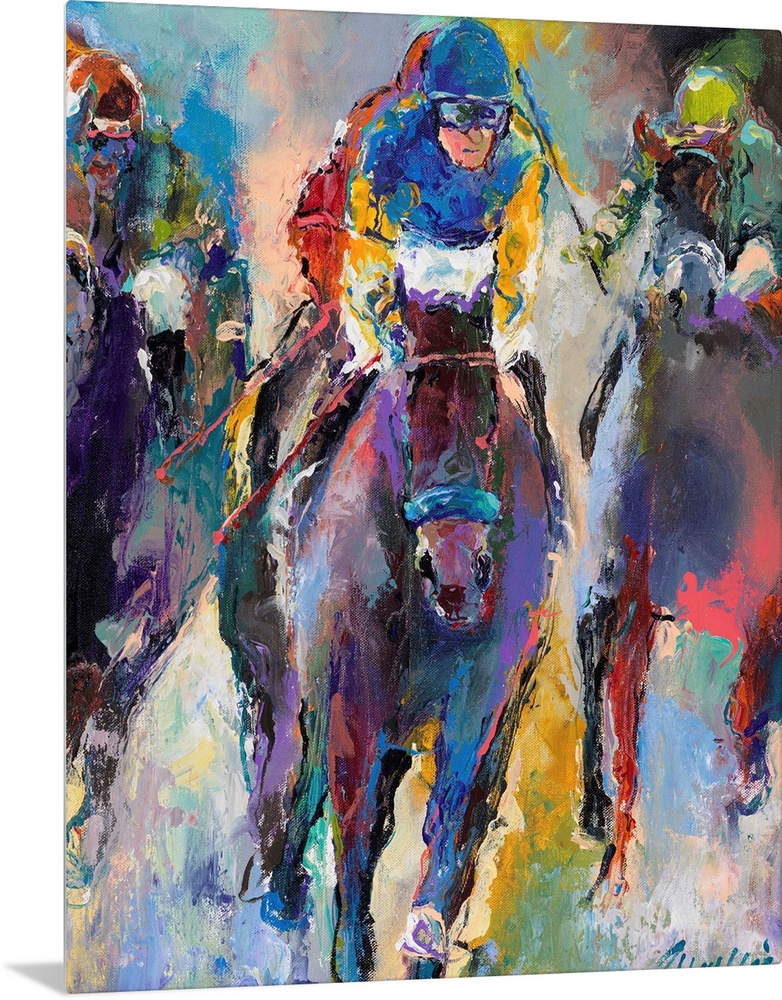 Colorful abstract painting of jockeys on horseback.