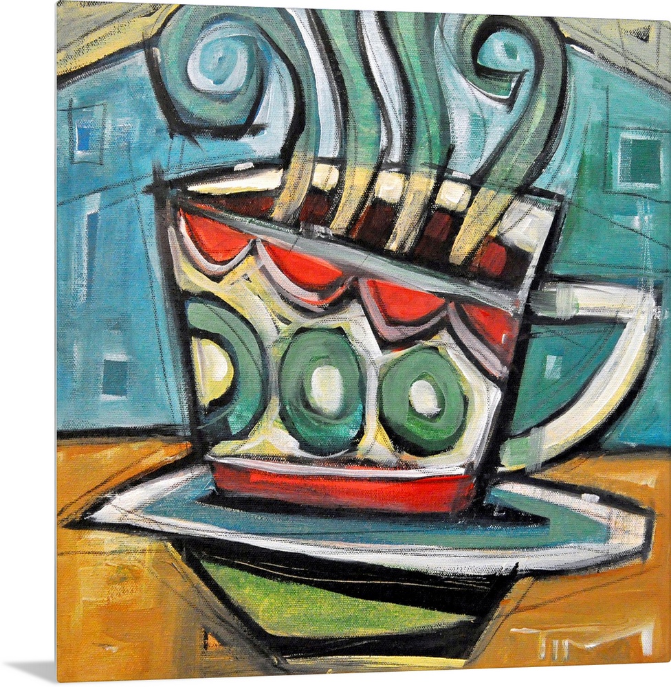 Modern artwork of a coffe cup sitting on a table with steam from the hot coffee pouring out of the top of the cup. Cool to...