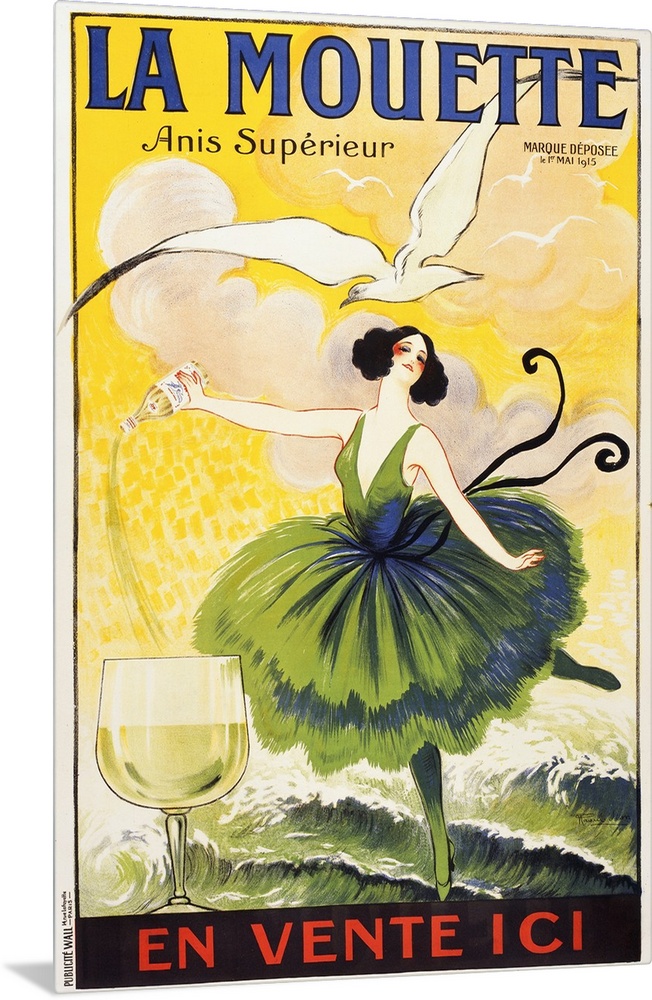 Big canvas painting of a woman in a green ballerina outfit pouring wine into a glass.