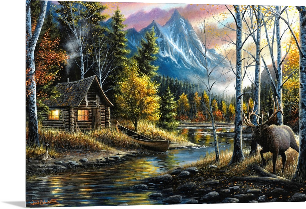 Contemporary landscape painting of a cabin next to a river in the woods with an elk walking by.