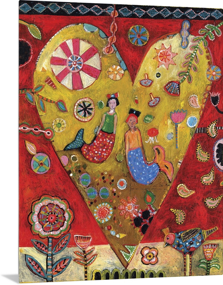 Lighthearted contemporary painting of a heart with a collage of mermaids and shapes and flowers inside.