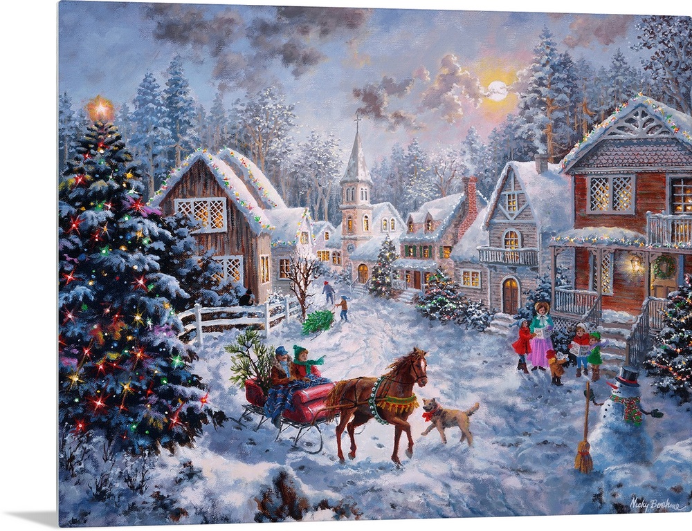 Painting of village scene featuring a large Christmas tree. Product is a painting reproduction only, and does not contain ...