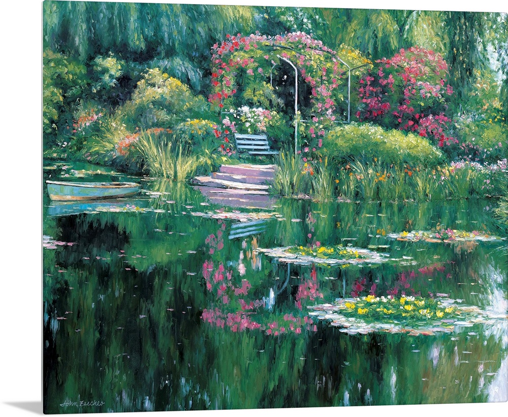 A pond with two islands covered in flowers with a trellis and a bench on the stone walkway.