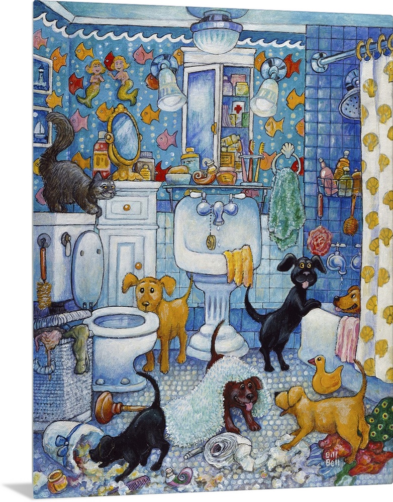A group of dogs (puppies) in the bathroom.